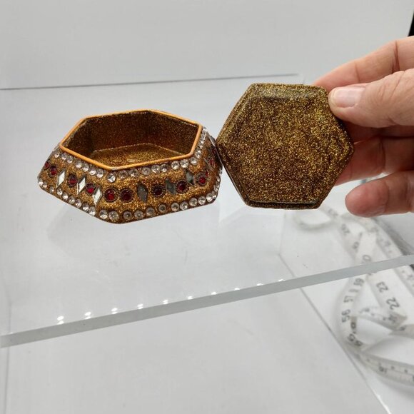 Vintage Jeweled Mirrored Trinket Box with Brass Accents and Red Embellishments - Picture 6 of 6